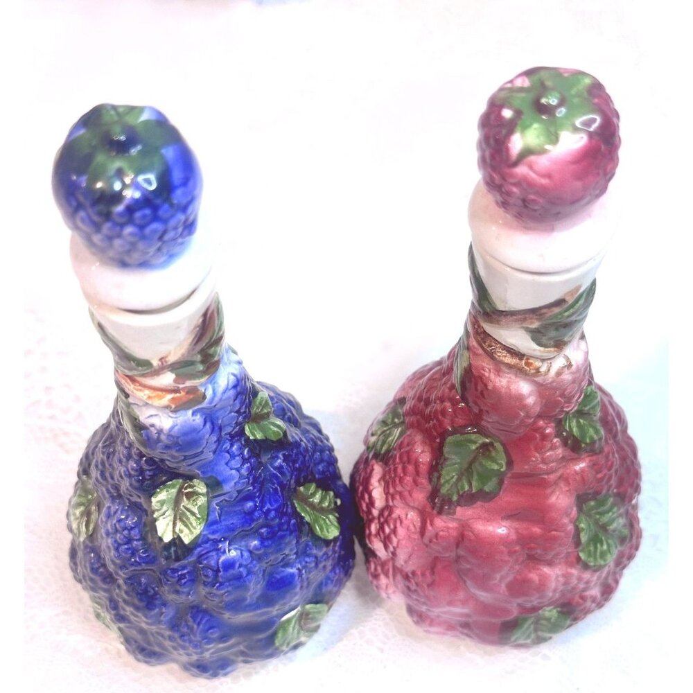 Berry Themed Ceramic Oil  Vinegar Cruet Set Cork Stoppers Saki Bottle Flower VTG